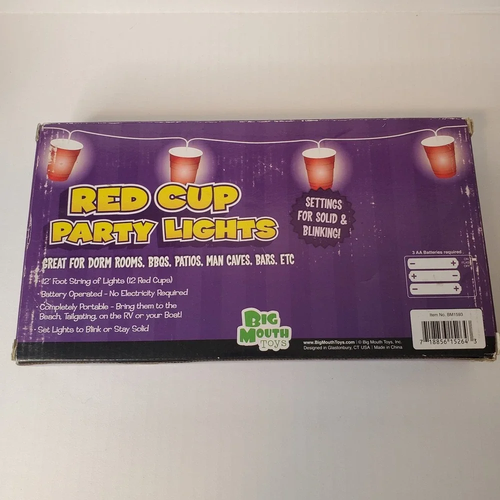 Red Party Cup Battery Operated Indoor Outdoor String Lights 12 Cups 12 Ft. - NEW